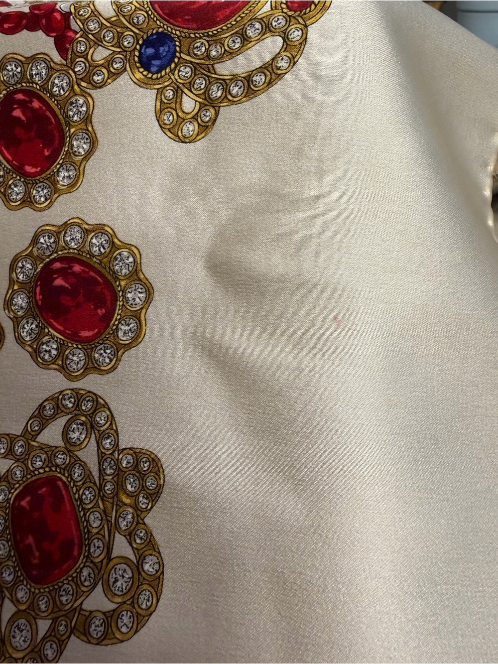 CHANEL Cream Silk Scarf with Red, Gold and Blue Jewel Motif - Picture 10 of 10